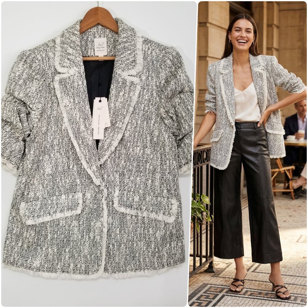 NWT Cinq à Sept Erin Fringed Boucle Tweed Blazer Jacket Black/Ivory Size 8 $425